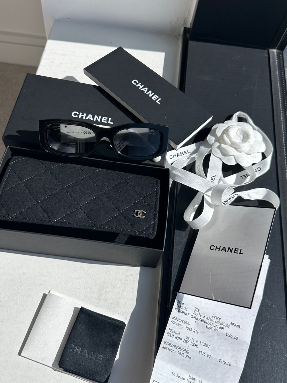CHANEL Polarized White and Black Logo Frame Sunglasses with Quilted Case
